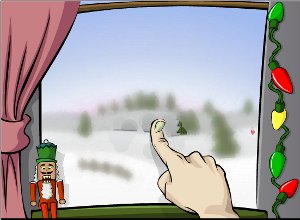 Cartoon of a hand with the index finger wiping frosting off a window