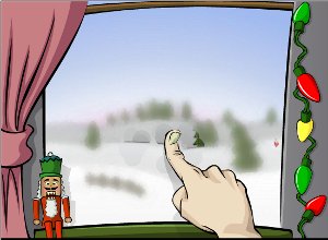 Click here to play the White Christmas Game Cartoon of a hand with the index finger wiping frosting off a window