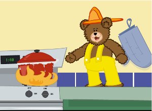 Ready Freddy the Fire Teddy pointing at a boiling pot on a stove